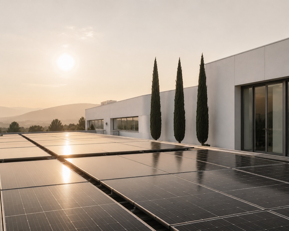 Solar panels on the roof of the HB Aesthetics factory