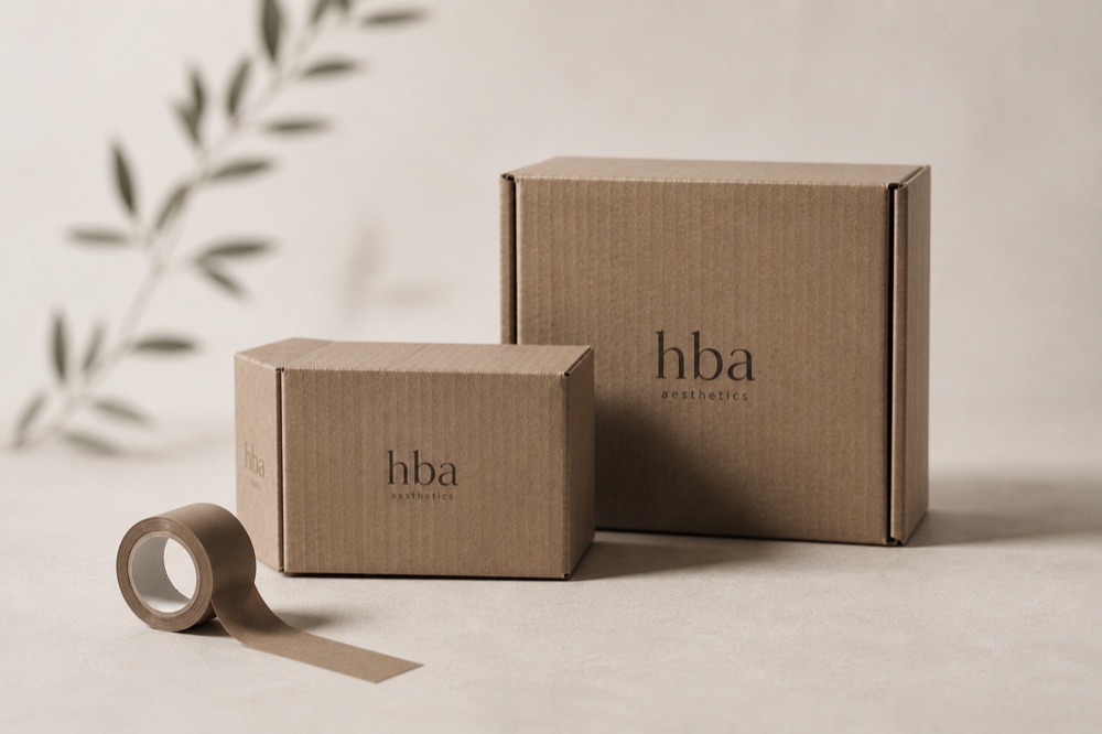 Recycled cardboard packaging and kraft tape